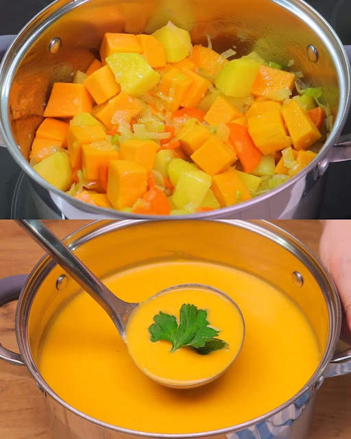 Pumpkin and Vegetable Soup with Crunchy Homemade Bread Pieces