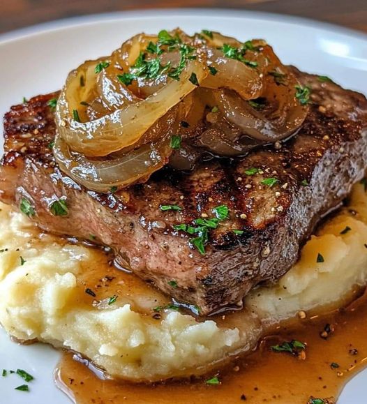 Ribeye Steak with Caramelized Onions and Mashed Potatoes