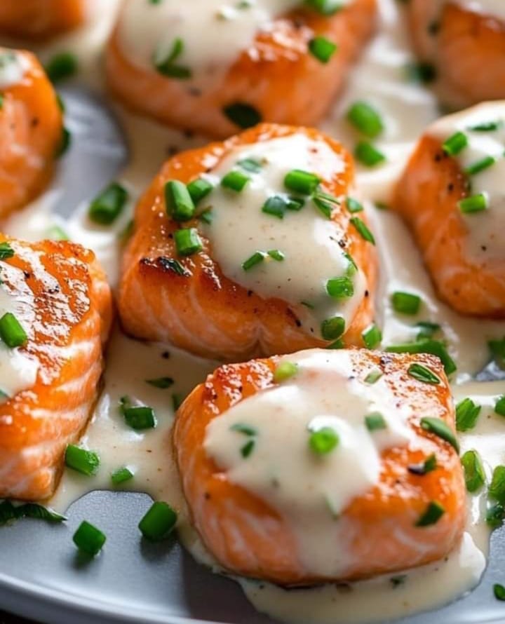 Salmon Bites with Garlic Cream Sauce