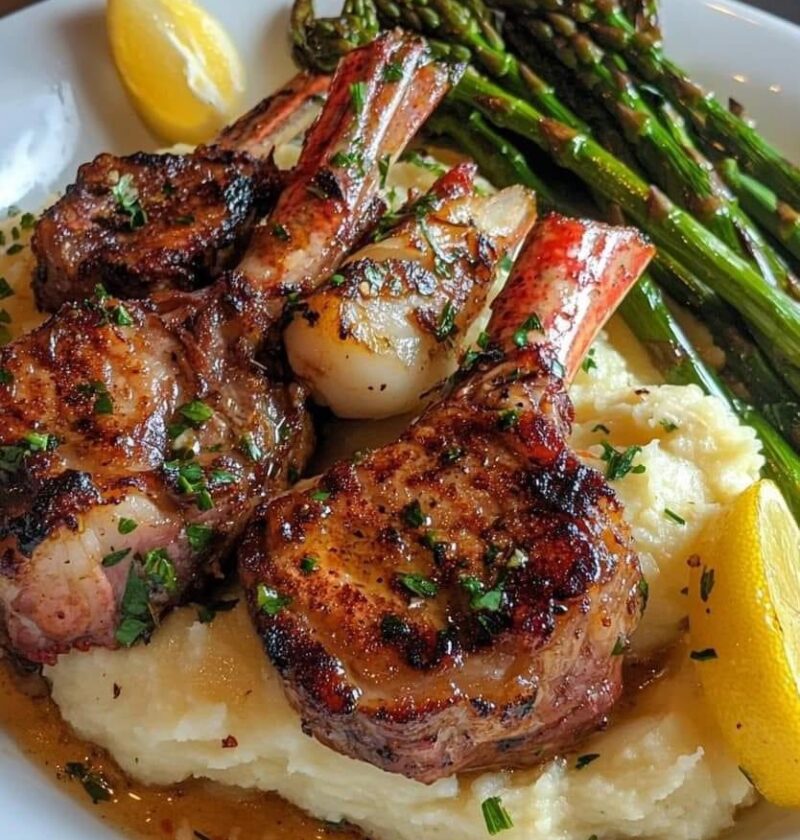 Lamb Chops over Lobster Mash with Asparagus