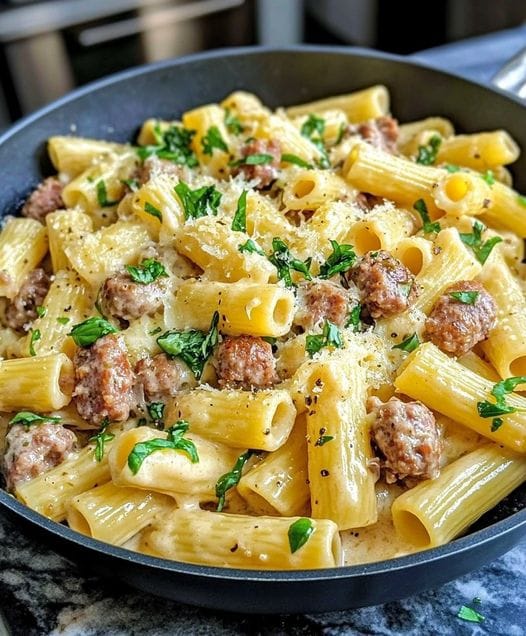 Garlic Sausage Alfredo Rigatoni