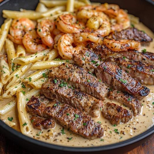 Cajun Shrimp and Steak Alfredo Pasta