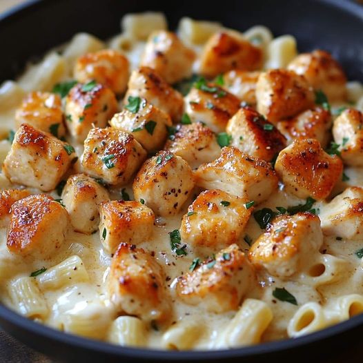 GARLIC BUTTER CHICKEN BITES WITH CREAMY PARMESAN PASTA