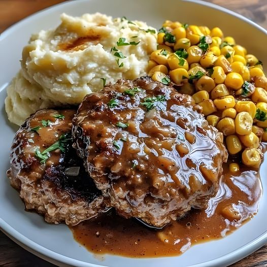 Salisbury Steak with Garlic Mashed Potatoes and Corn