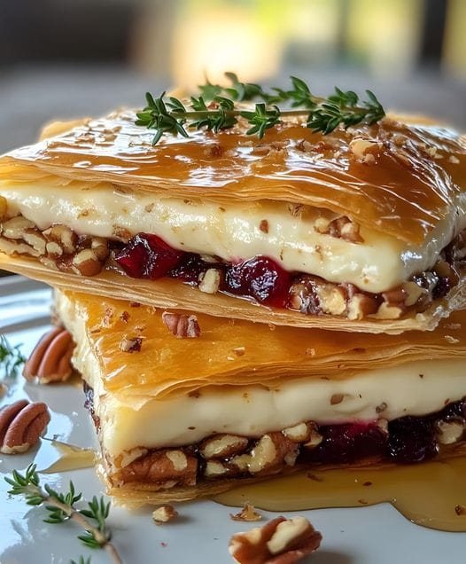 Layered Phyllo Pastry with Brie, Cranberry Sauce, and Pecans